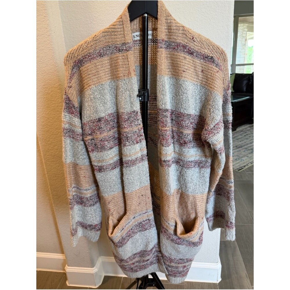 Knox Rose Men's Striped Open-Front Cardigan - Beige, Gray & Maroon S